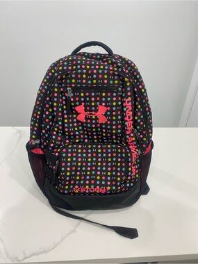 Under Armour Black Backpack with Multicolor Polka Dots and Pink Logo